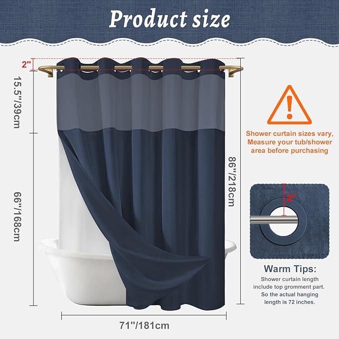 WONICY Extra Long No Hook Shower Curtain with Snap in Liner, Polyester Textured Shower Curtain with Liner Set, Waterproof Washable Hotel Style Shower Curtains for Bathroom, 71Wx86H, Navy - ModernBath