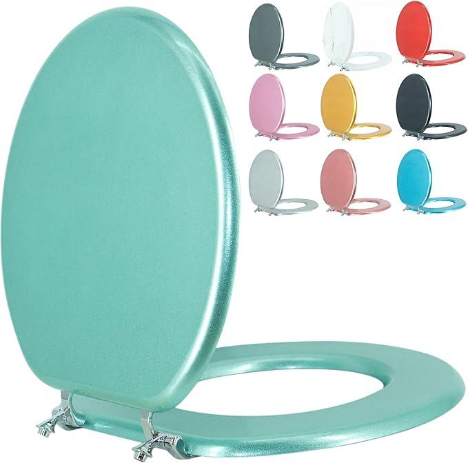 BLOFDE Round Toilet Seat Wood Toilet Seat Prevent Shifting with Zinc Alloy Hinges American Standard Size Toilet Seat Easy to Install also Easy to Clean(Round,Sparkling Turquoise) - ModernBath