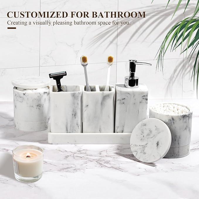 YMXYJM Bathroom Accessories Set, 6 Piece Bathroom Set with Toothbrush Holders, Soap Dispenser, Vanity Tray, Tumbler, Cotton Swab Jars, Bathroom Organizer，Bathroom Sink Sets, Artificial Marble White - ModernBath