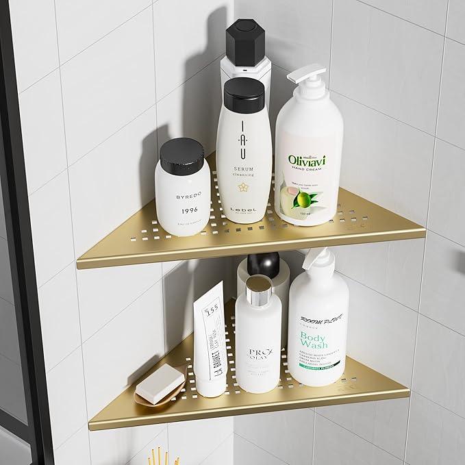 Corner Shower Shelves, 10” Recessed Tile Shower Shelf Brushed Golden, 304 Stainless Steel Grout in Corner Tile Shower Shelves, No Drilling, 2 Pack - ModernBath