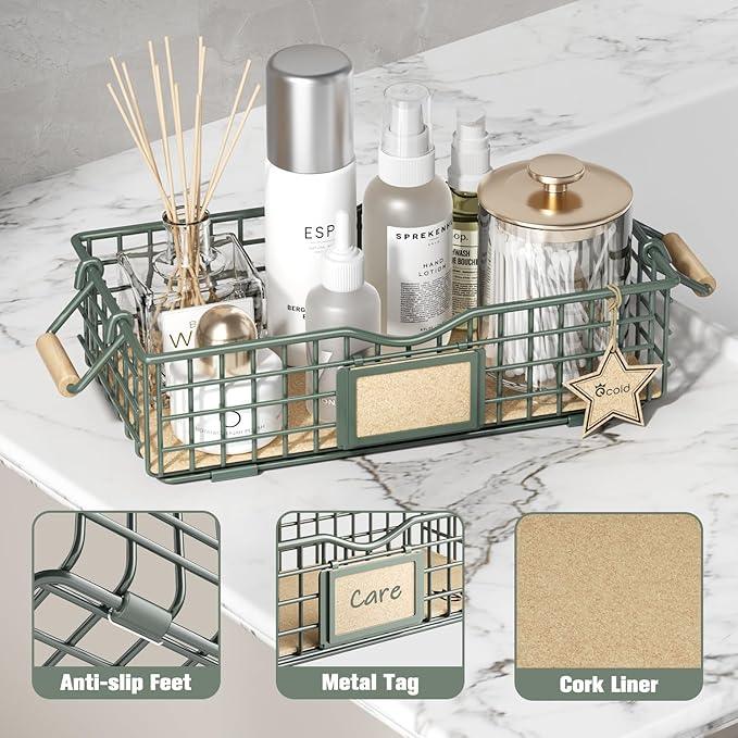 Toilet Paper Storage Basket, 2 Pack Toilet Paper Storage for Bathroom, Narrow Wire Tray for Restroom Tank Top, Bathroom Metal Baskets for Decor, Set of 2, Sage Green - ModernBath