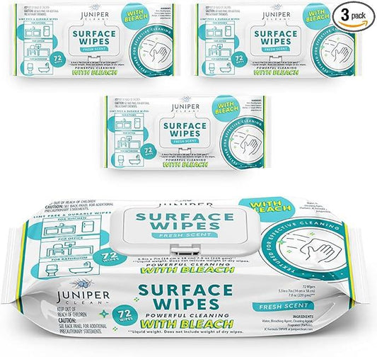 Juniper CLEAN 3 Pack Surface Cleaning Wipes with Bleach, All-Purpose Cleaner for Bathroom, Kitchen, Office, 216 Count Soft Flow, Fresh Scent, Lint Free & Durable - ModernBath