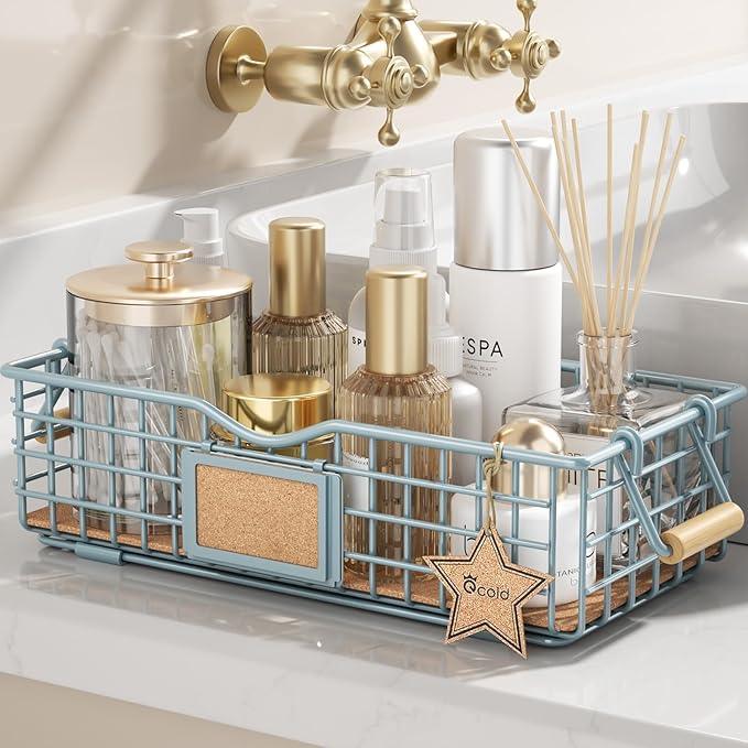 Bathroom Organizer Basket with Handle, Home Decor Basket- Bathroom Organizers and Storage - Exquisite Vanity Tray for Skincare - Restroom Counter Baskets for Organizing - Blue - ModernBath