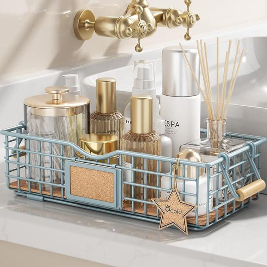 Bathroom Organizer Basket with Handle, Home Decor Basket- Bathroom Organizers and Storage - Exquisite Vanity Tray for Skincare - Restroom Counter Baskets for Organizing - Blue - ModernBath