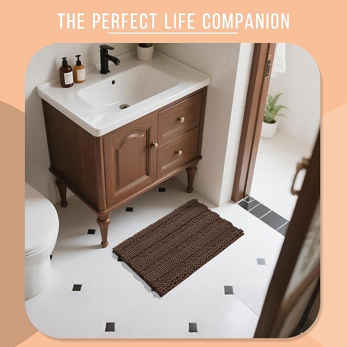 Yimobra Bathroom Rug Mat, Non Slip and Super Absorbent Bath Mat, Machine Washable Quick Dry, Ultra Plush Chenille Shower Rugs for Bathroom Floor Sink Tub and Shower Outside, Brown, 24 x 17 - ModernBath