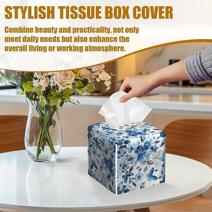 Blue Flower Tissue Box Cover 2PCS, Leather Tissue Box Holder Square Facial Paper Case Tissue Box Cube Organizer for Bathroom Bedroom Desk Office - ModernBath