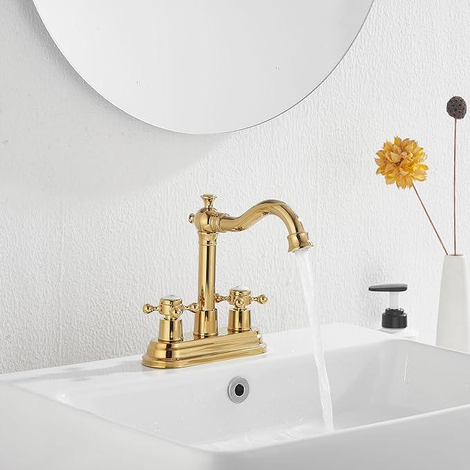 GGStudy Bathroom Faucet Polished Gold 2 Handles 4 Inches Centerset Bathroom Vanity with Drain Assembly and Supply Hose Lavatory Faucet - ModernBath
