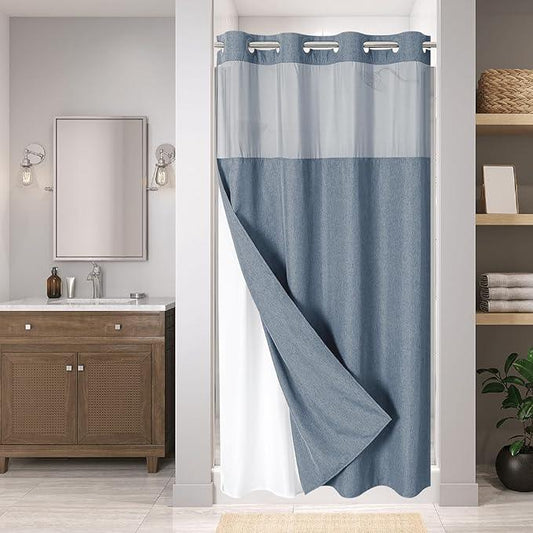eachope Stall No Hooks Needed Linen Textured Shower Curtain with Snap-in Fabric Liner Set,Hotel Luxury Decor Shower Curtains for Bathroom,Waterproof & Washable,60Wx74H,Blue Grey - ModernBath