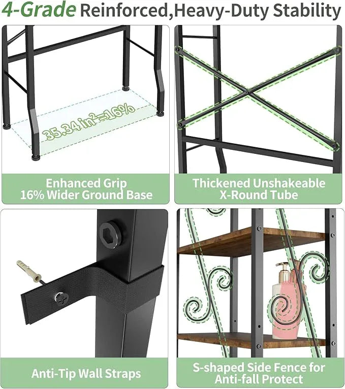 Over-The-Toilet Storage Rack 4-Tier,Bathroom Organizer Shelf Over Toilet,Adjustable Wooden Shelves and Basket,Freestanding Above Toilet Shelf,Space Saver for Rooms(Black Rack-Rustic Brown Shelves) - ModernBath
