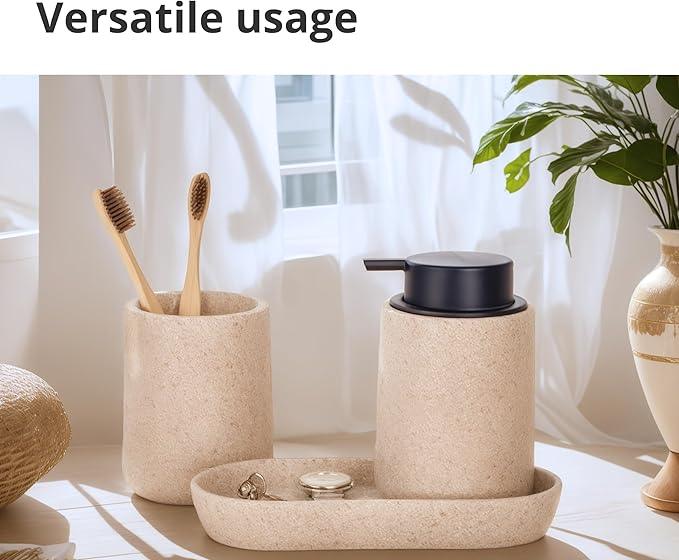 Clasin Home Beige Bathroom Accessories Set, 3 Pcs Resin Bathroom Accessories Complete Set, Sandstone Look Soap Dispenser with Large Pump, Toothbrush Cup, Soap Dish for Modern Home Decor and Kitchen - ModernBath