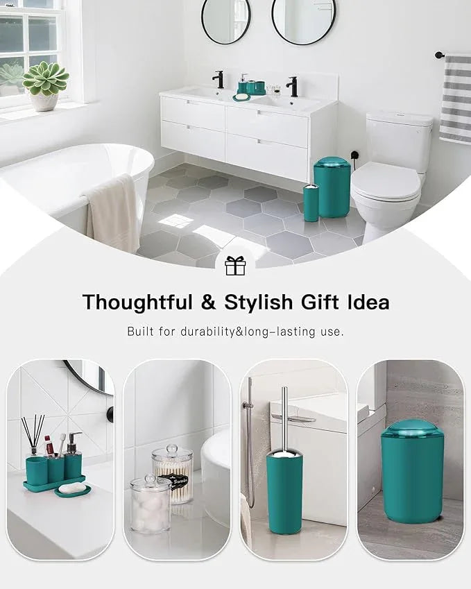 IMAVO Bathroom Accessories Set,Peacock Green Bathroom Set,9 Pieces Bathroom Accessory Set,Tray,Qtip Holders,Toilet Brush,Trash Can for Bathroom Décor and Home Gifts - ModernBath