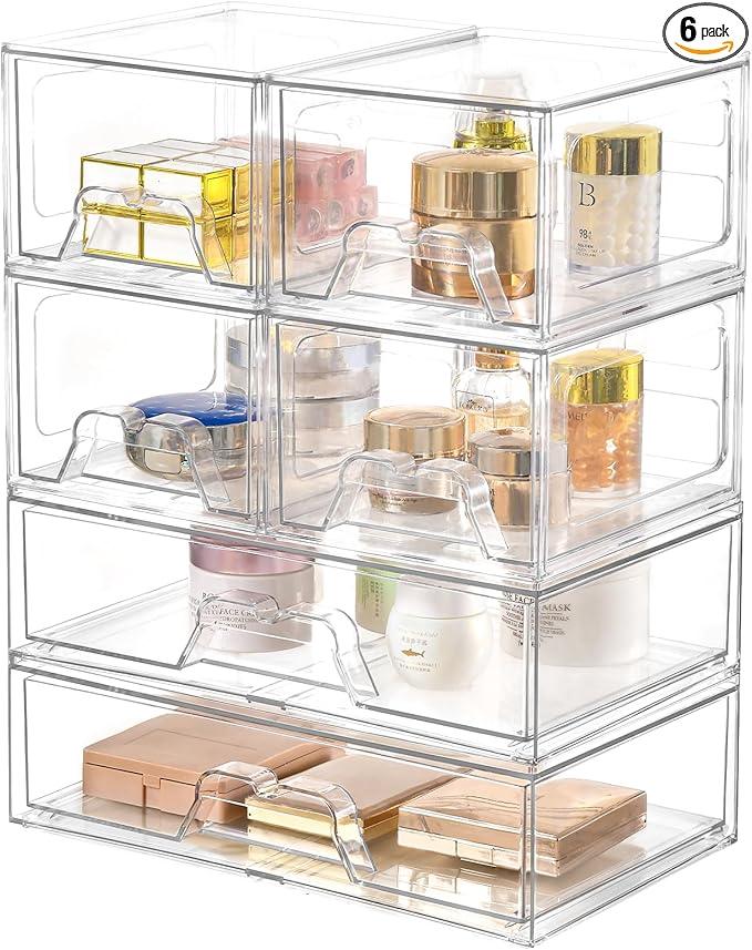 Stebopum 6 Pack Stackable Storage Drawers Clear Acrylic Organizer Makeup Bathroom Organizer and Storage Bins for Beauty Supplies,Ideal for Vanity, Bathroom,Pantry Organization - ModernBath