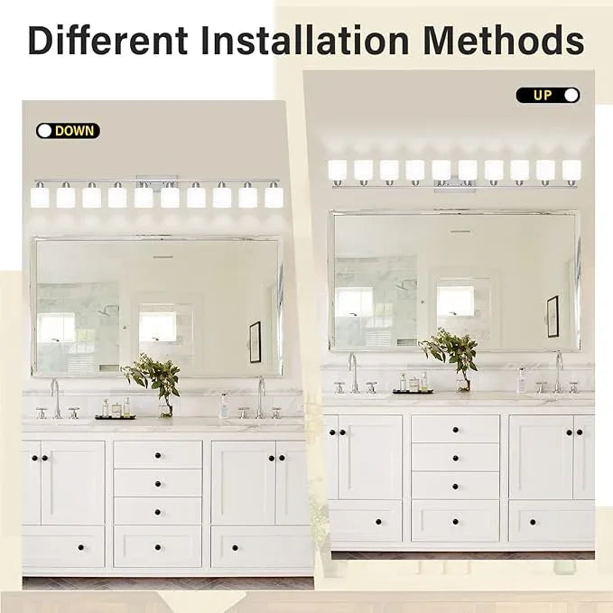 Brushed Nickel Bathroom Vanity Light for Giant Mirror, 10 Light Brushed Nickel Vanity Lights, 65 inch Wall Lamps for Bedroom for Mirrors with Milky White Frosted Glass Shades, E26 - ModernBath