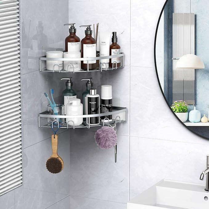 Corner Shower Caddy, 2 Pack Adhesive Bathroom Shower Corner Organizer Shelf, No Drilling Rustproof Wall Mounted Shower Storage Rack Shampoo Holder Organizer (Silver) - ModernBath