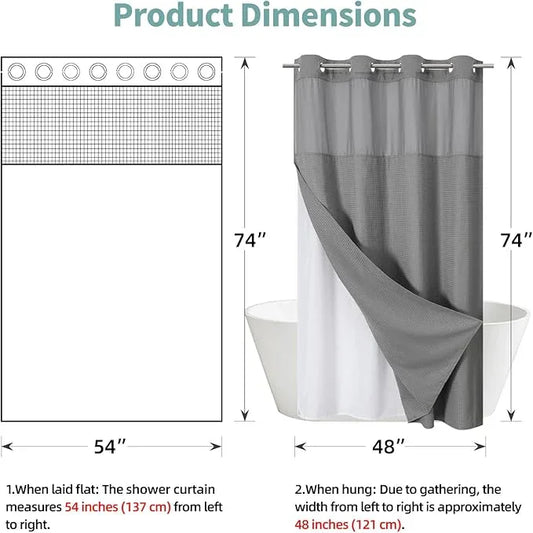 eachope Grey No Hook Waffle Weave Shower Curtain with snap-in Liner Replacement, 230GSM Waterproof Fabric Hotel Shower Curtain Set for Bathroom, Through Mesh Top Window,54Wx74H - ModernBath