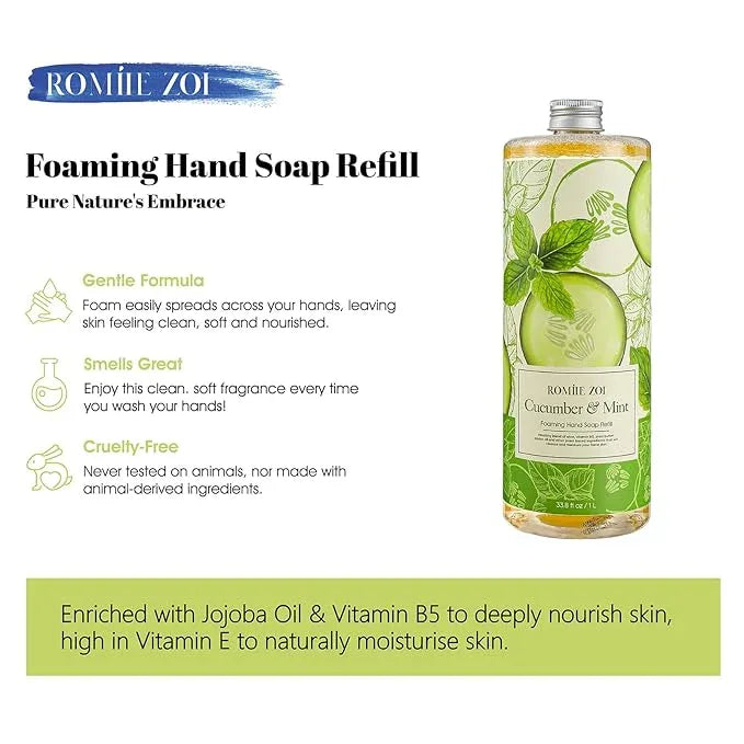 ROMIIE ZOI Foaming Hand Soap Refill, Cucumber&Mint, Gentle & Moisturizing Formula, 1000 ML/ 33.8 FL OZ - ModernBath