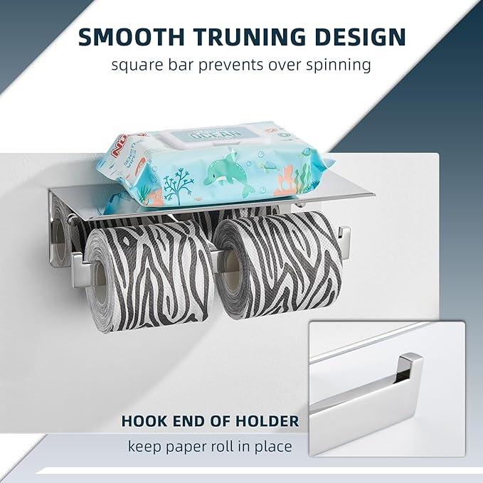 Angle Simple Double Toilet Paper Holder with Shelf Polished Chrome, 304 Stainless Steel Toilet Tissue Roll Holder Wall Mount - ModernBath