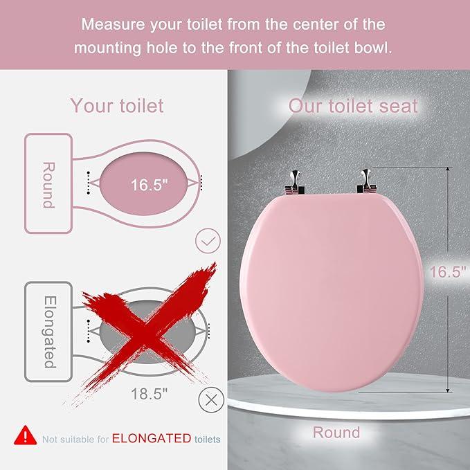 Pink Round Toilet Seat Natural Wood Toilet Seat with Zinc Alloy Hinges, Easy to Install also Easy to Clean, Scratch Resistant Toilet Seat by Angol Shiold (Round, Pink) - ModernBath