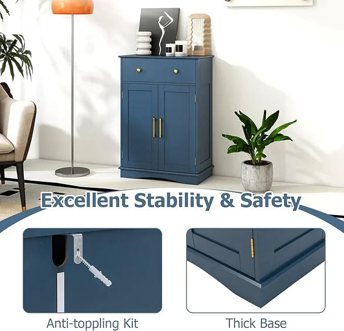 Tangkula Bathroom Floor Cabinet, Modern Freestanding Bathroom Storage Cabinet w/Large Pull-Out Drawer, 2 Doors, 3-Position Adjustable Shelf, Ideal for Living Room (Drawer & Cabinet, Navy Blue) - ModernBath