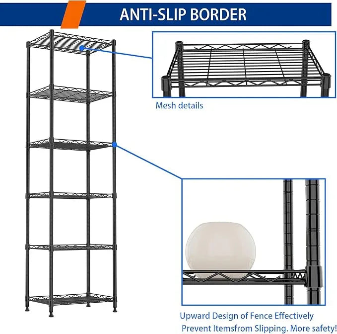 REGILLER 6 Wire Shelving Steel Storage Rack Adjustable Unit Shelves for Laundry Bathroom Kitchen Pantry Closet(Black,11.7" D x 16.8" W x 63" H) - ModernBath