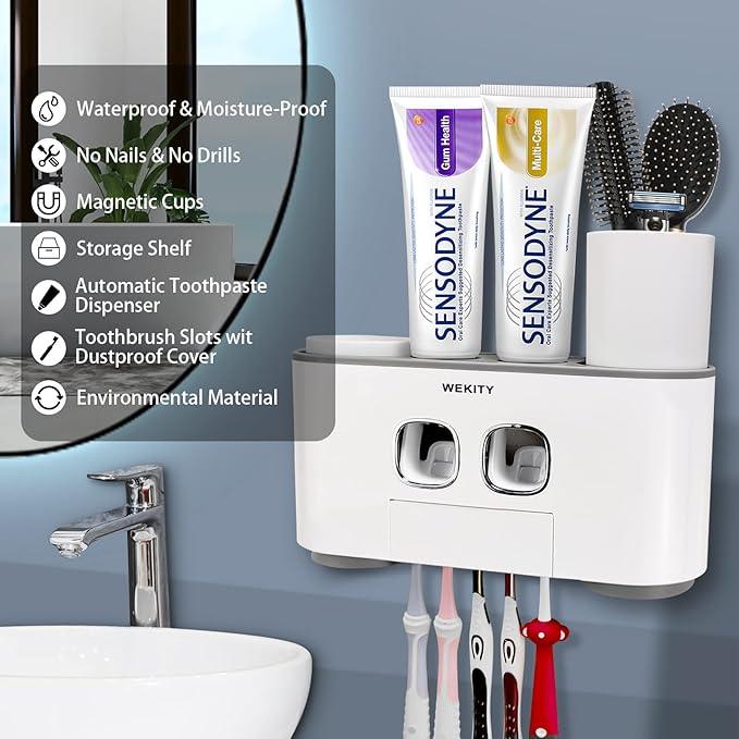 Toothbrush Holder Wall Mounted, WEKITY Multi-Functional Toothbrush and Toothpaste Dispenser for Bathroom, with 5 Toothbrush Slots, 2 Toothpaste Squeezers and 4 Cups(Grey) - ModernBath