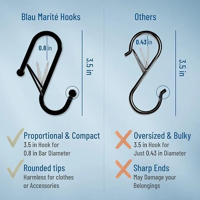 Blau Marité 10-Pack Metal S Hooks for Hanging – Heavy-Duty S-Shaped Hook with Safety Buckle – Fits Bars up to 0.8 In – Anti-Drop S-Hooks for Kitchen, Bathroom, Closet & Pot Racks – Gold (Medium) - ModernBath