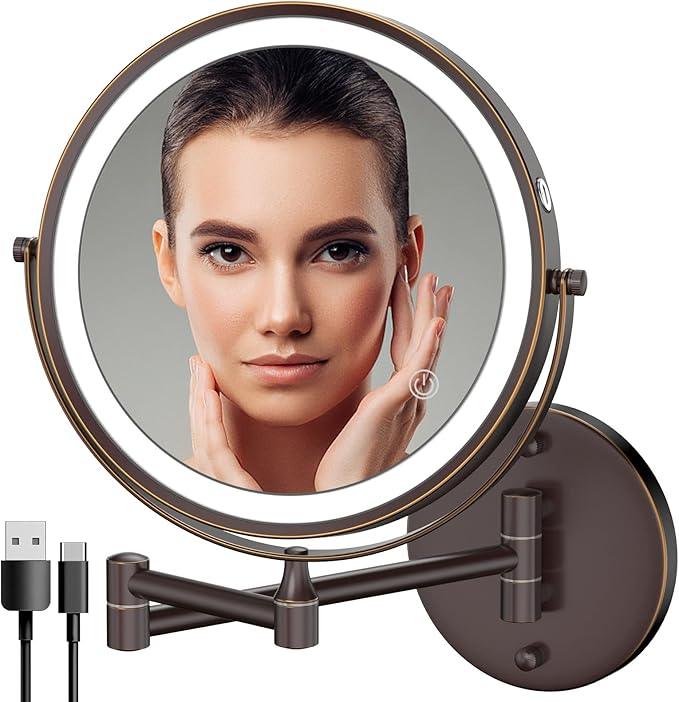 Rocollos Rechargeable Wall Mounted Lighted Makeup Mirror, 8 Inch Double-Sided LED Vanity Mirror 1X/10X Magnification,3 Color Lights Touch Screen Dimmable 360°Swivel 13 Inch Extendable - ModernBath