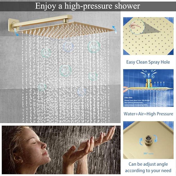 YCAIKOI Shower Faucet Set 16 Inch Wall Mount Rain Shower System, All Metal Shower Fixtures - Brushed Gold - ModernBath