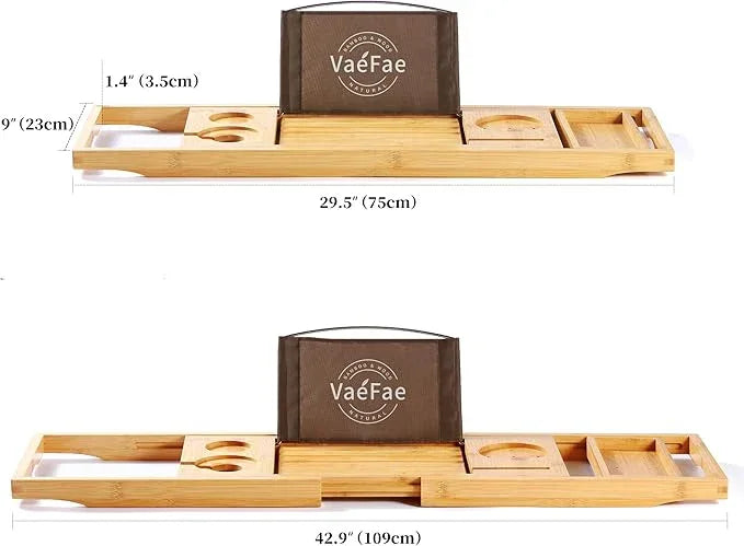VaeFae Bamboo Bathtub Caddy Tray, Expandable Bath Tray for Tub with Upgraded Wine Slots and Book Holder - Ideal for One or Two Person Use - ModernBath
