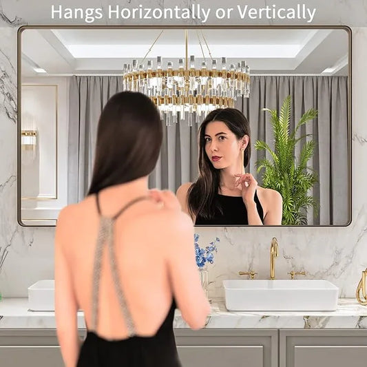 LOAAO 60”X36” Bronze Bathroom Mirrors for Vanity, Rounded Rectangle Brushed Bronze Metal Frame Mirror, Anti-Rust, Tempered Glass, Hangs Horizontally or Vertically - ModernBath