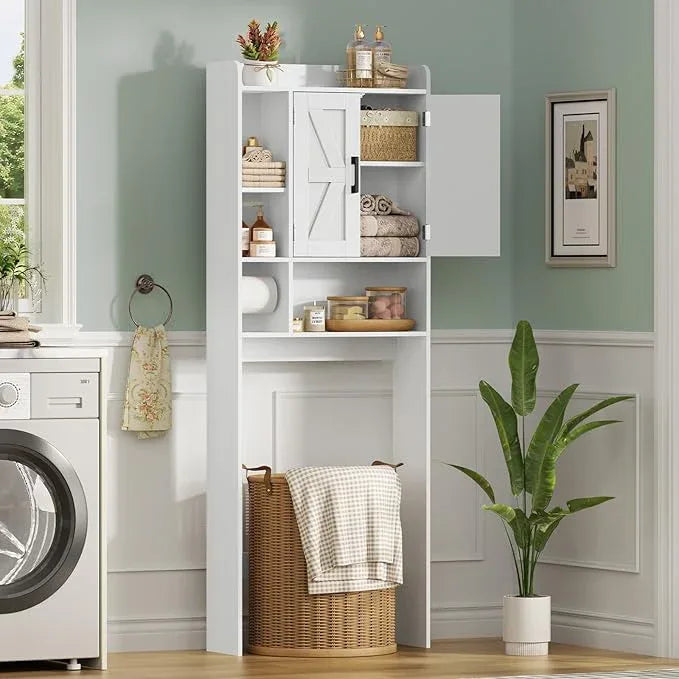 TEENFON Over The Toilet Storage Cabinet with 4 Open Shelves and Adjustable Shelf, Extra Tall Bathroom Organizer Unit with 2 Barn Doors, Home Space Saver for Bathroom, Laundry Room, White - ModernBath