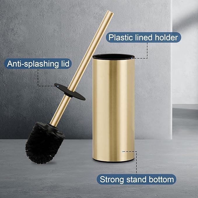Toilet Brush and Holder Set, NEWRAIN 304 Stainless Steel Toilet Brush with Long Brush Handle, Brushed Gold Toilet Scrubber and Covered Holder, Round Design Sturdy and Space Saving, Covered Brush - ModernBath
