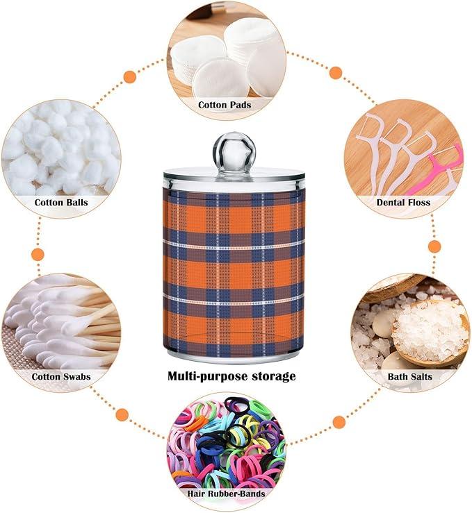 Qtip Holder Bathroom Set Q tip Cotton Ball Swab Pad Dispenser Container Organizer Plastic Jars with Lids Storage 2Pack Retro Tartan Plaid Orange and Blue - ModernBath