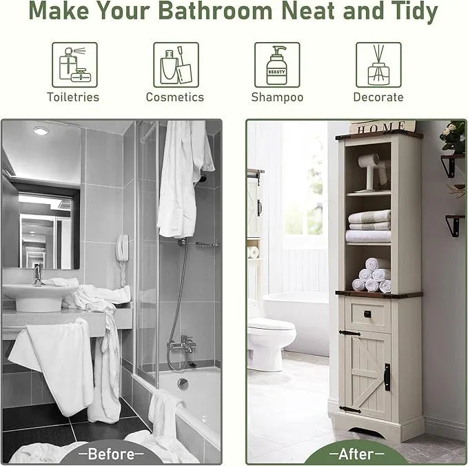 OKD Bathroom Storage Cabinet, Farmhouse Storage Cabinet with Adjustable Shelves & Drawer, Tall Linen Tower for Bathroom, Living Room, Rustic Oak with Antique White - ModernBath