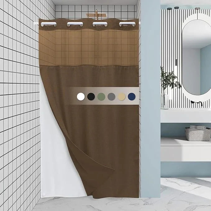 EUTXL Brown Stall No Hook Shower Curtain with Snap in Liner,230GSM Waffle Weave Shower Curtains for Bathroom,54W x 80H - ModernBath