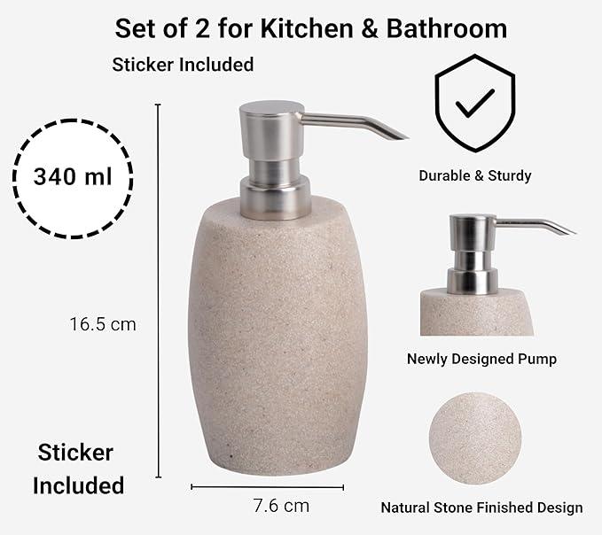 Clasin Home Sandstone Textured Resin Soap Dispenser with Metallic Pump and Waterproof Bottle Labels for Bathroom Kitchen Dish Hand Wash Shower Lotion Shampoo, 12 Oz, 2 Sets Beige - ModernBath