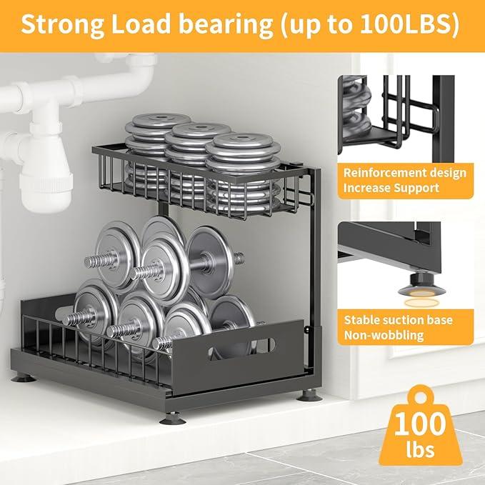 Under Sink Organizer Storage 2-Tier Premium Metal Pull-Out Racks, Height Adjustable, Heavy Dut and Easy Installation for Kitchen & Bathroom Organizers 2 Pack - ModernBath