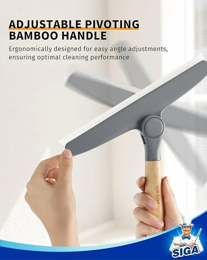 MR.SIGA All Purpose Silicone Squeegee for Shower Door, Mirror, Glass, Streak Free Shower Squeegee, Pivoting Bamboo Handle, Includes 1 Suction Hook, 10 inch Wide, Gray, 1 Pack - ModernBath