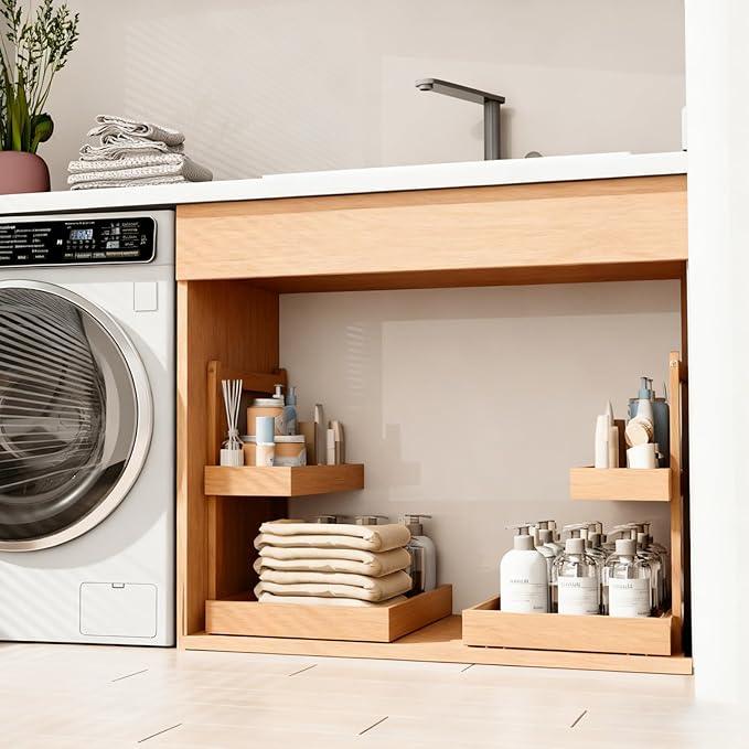 Bamboo Undersink Organizer Storage - 2-Tier Cabinet Shelf with Adjustable Levels, Under Sink Storage Slide Out for Cabinet Pantry Kitchen Bathroom (Natural) - ModernBath