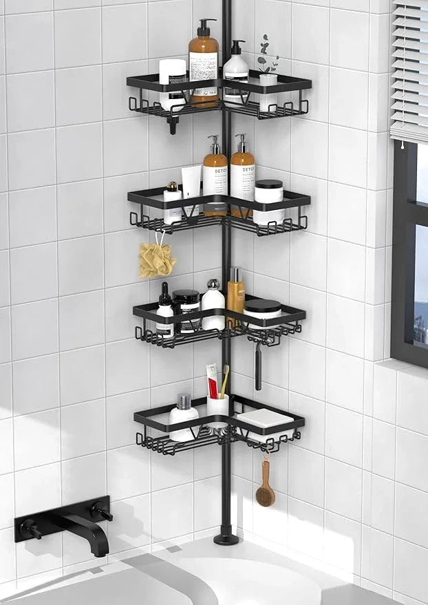 KEGII Corner Shower Caddy Tension Pole - Shower Tension Rod Organizer, Floor to Ceiling Shower Caddy 25-114.2 inch, Towel Rack Corner Waterproof, Black - ModernBath