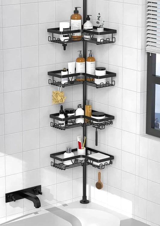 KEGII Corner Shower Caddy Tension Pole - Shower Tension Rod Organizer, Floor to Ceiling Shower Caddy 25-114.2 inch, Towel Rack Corner Waterproof, Black - ModernBath