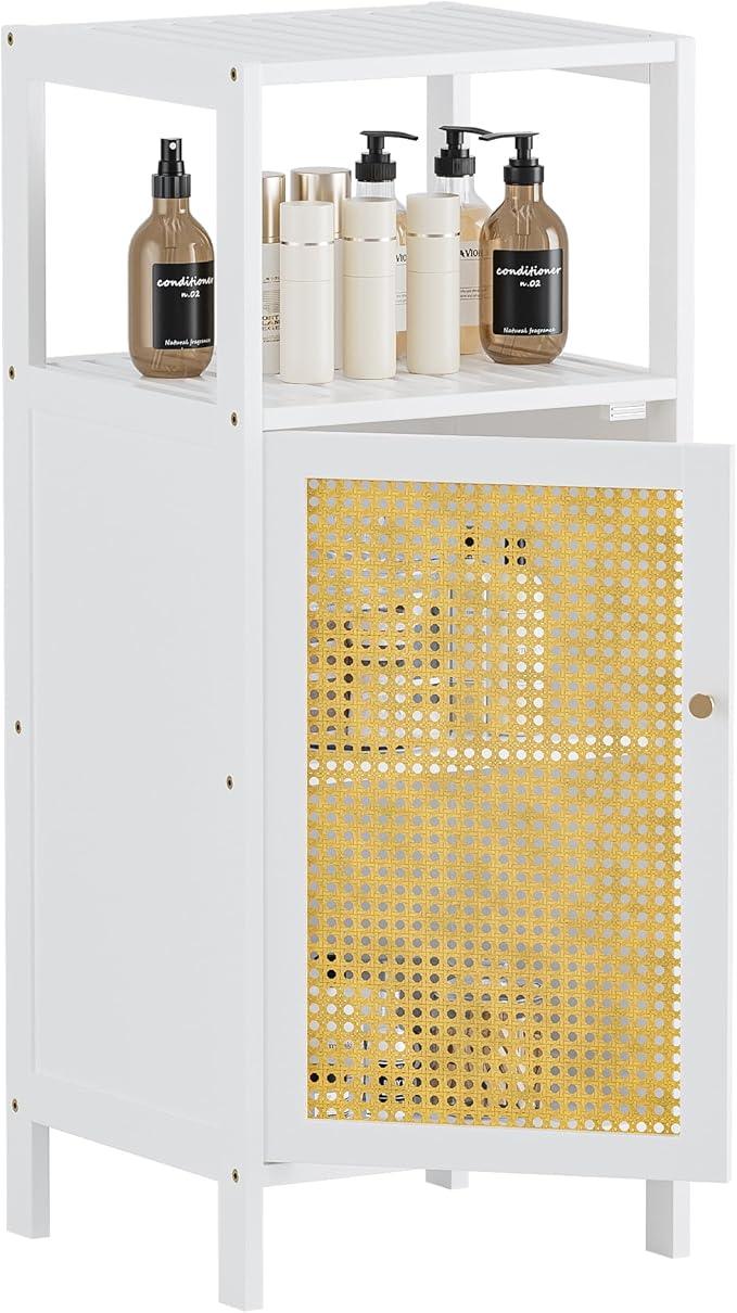HITNET Bamboo Cabinet, Bathroom Storage Cabinet with Rattan Doors, Narrow Side Storage Organizer Freestanding Floor Cupboard for Small Space, White - ModernBath