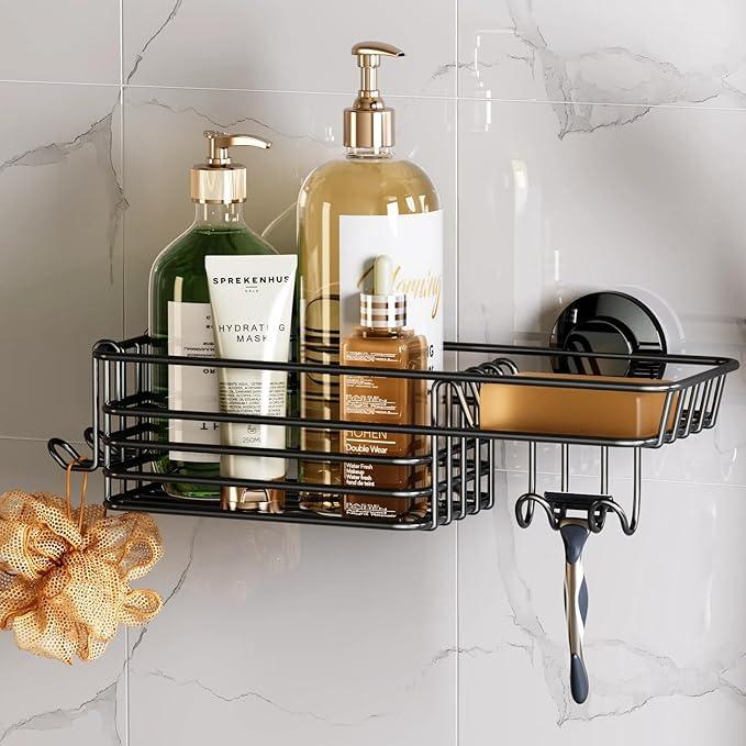 TAILI Shower Caddy Suction Cup with Hooks and Soap holder, Heavy Duty Bathroom Shower Organizer, No Drilling Bathroom Holder with Large Capacity, Metal Black Storage Basket - ModernBath