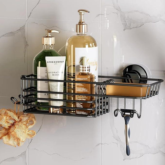 TAILI Shower Caddy Suction Cup with Hooks and Soap holder, Heavy Duty Bathroom Shower Organizer, No Drilling Bathroom Holder with Large Capacity, Metal Black Storage Basket - ModernBath