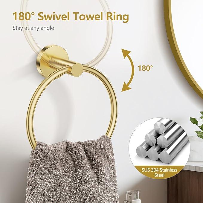 TQKAG 5 Piece Bathroom Towel Bar Holder Sets Brushed Gold Bathroom Hardware Set Stainless Steel Toilet Paper Holder with Shelf Bathroom Accessories Kit Wall Mounted - ModernBath