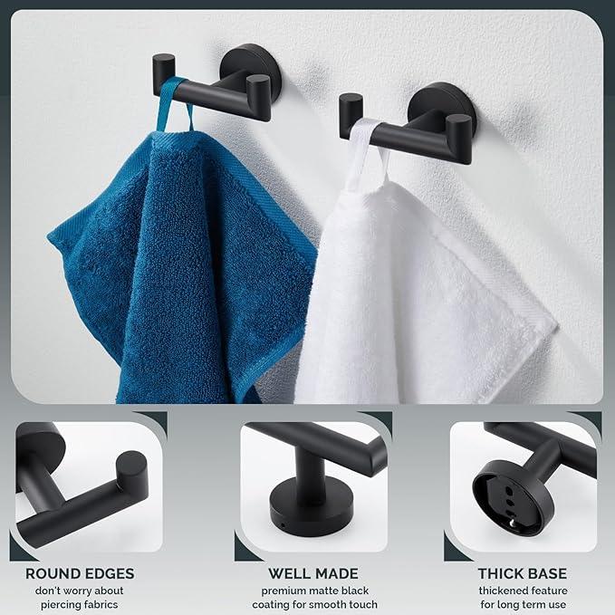 Angle Simple Double Towel Hook Matte Black 2 PCS, Stainless Steel Bathroom Robe Hook, Hand Towel Holder for Wall - ModernBath