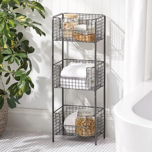 mDesign Steel Freestanding Storage Organizer Tower Rack Basket Shelf, Metal 3-Tier Furniture Unit for Master/Guest Bathroom, Powder Room - Holds Bath Towels, Soap - Concerto Collection - Graphite Gray - ModernBath