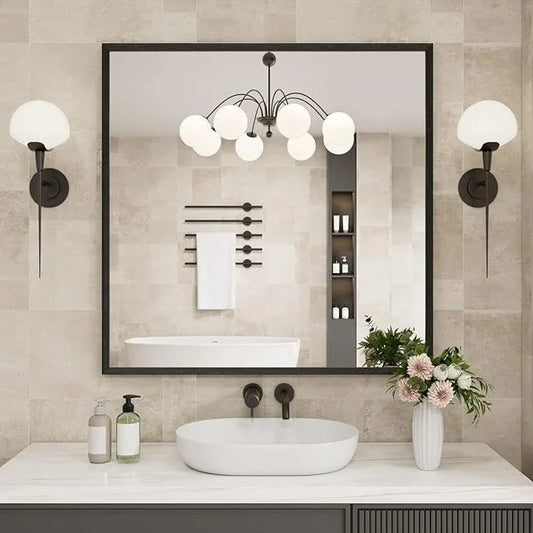JISOSO Bathroom Vanity Mirror 36x36 Inch, Matte Black Rectangle Bathroom Mirror, Anti-Rust, 4MM Tempered Glass, Wall-Mounted Mirror, Hangs Horizontally or Vertically for Bathroom & Bedroom - ModernBath