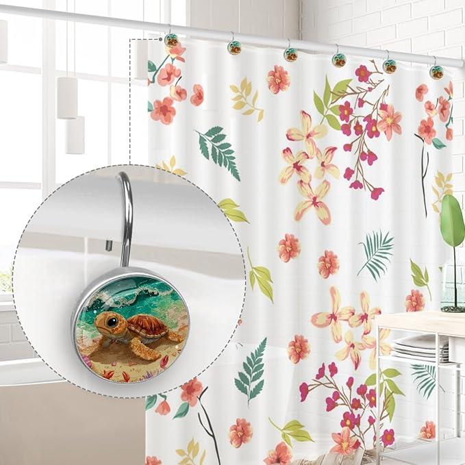 Beach Cartoon Ocean Turtle Shower Curtain Hooks Rings, Stainless Steel Rust Proof Shower Curtain Hooks, Decorative Shower Hooks for Bathroom Shower Rods Curtains, Set of 12 - ModernBath
