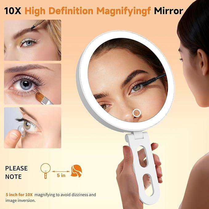 Travel Makeup Mirror with Lights, Lighted Magnifying Mirror 10X, 4-in-1 Portable for Handheld, Tabletop, Hanging and Wall Mount with Suction Cup and 3 Color Light, Ideal Gift for Women and Seniors - ModernBath